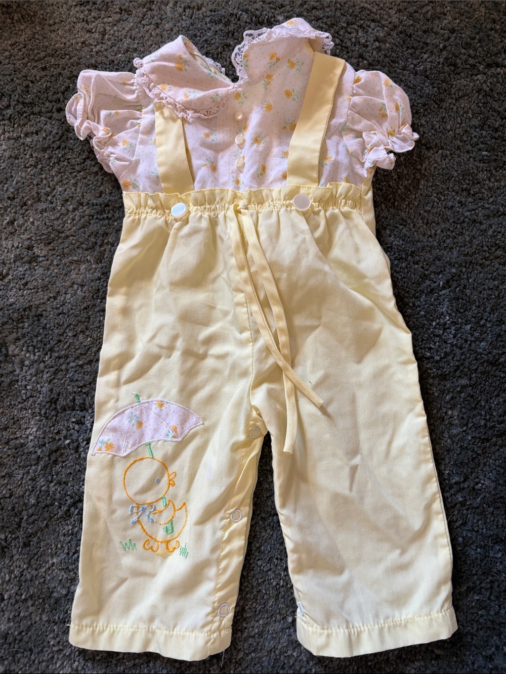 Yellow Girls' Overalls with Pink Floral Top and Umbrella Embroidery